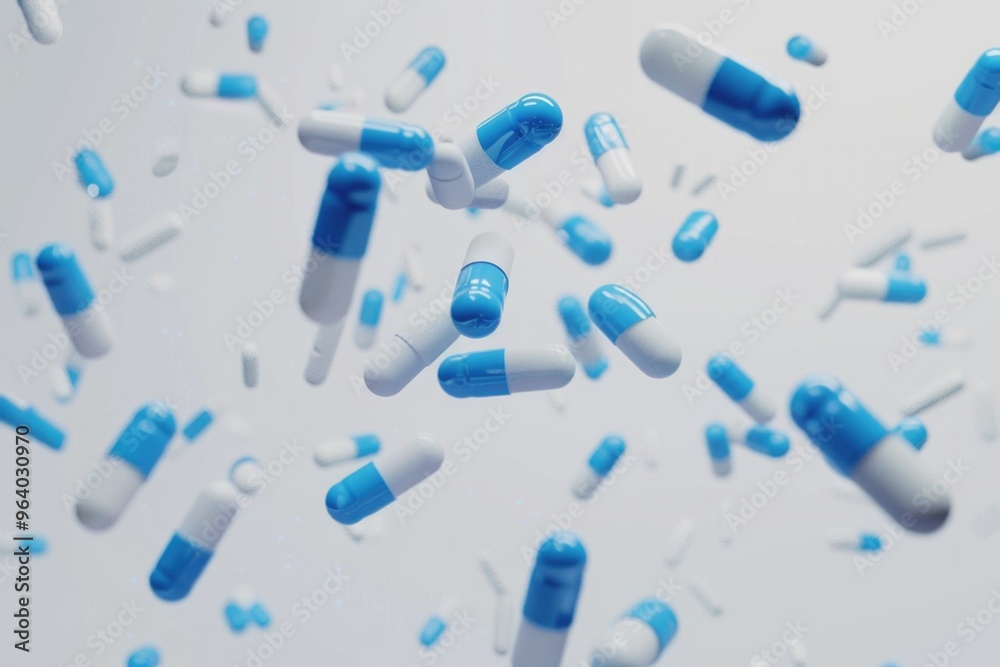 A bunch of blue and white pills flying through the air. The pills are scattered in various directions, creating a sense of chaos and disorder A bunch of blue and white pills flying through the air. The pills are scattered in various directions, creating a sense of chaos and disorder