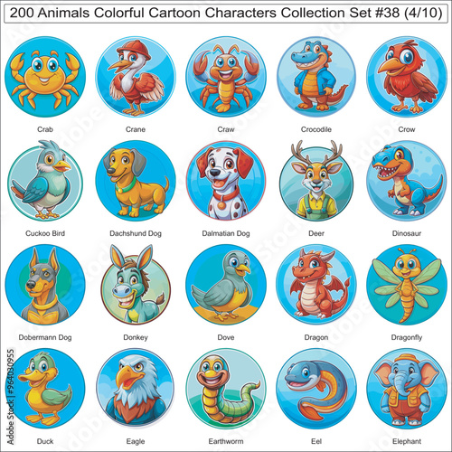 Animals Colorful Cartoon Characters Collection Set of 200 Isolated Animals Part 4