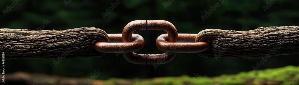 Legal protection of forest, metallic chains symbolizing preservation, 3D illustration Legal protection of forest, metallic chains symbolizing preservation, 3D illustration