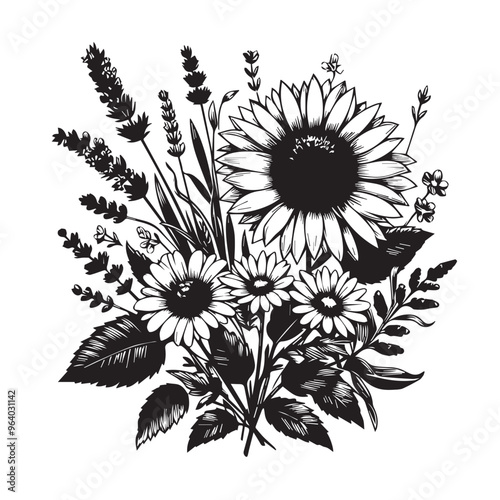 Wildflowers Clipart black vector, black color silhouette ,white colour background