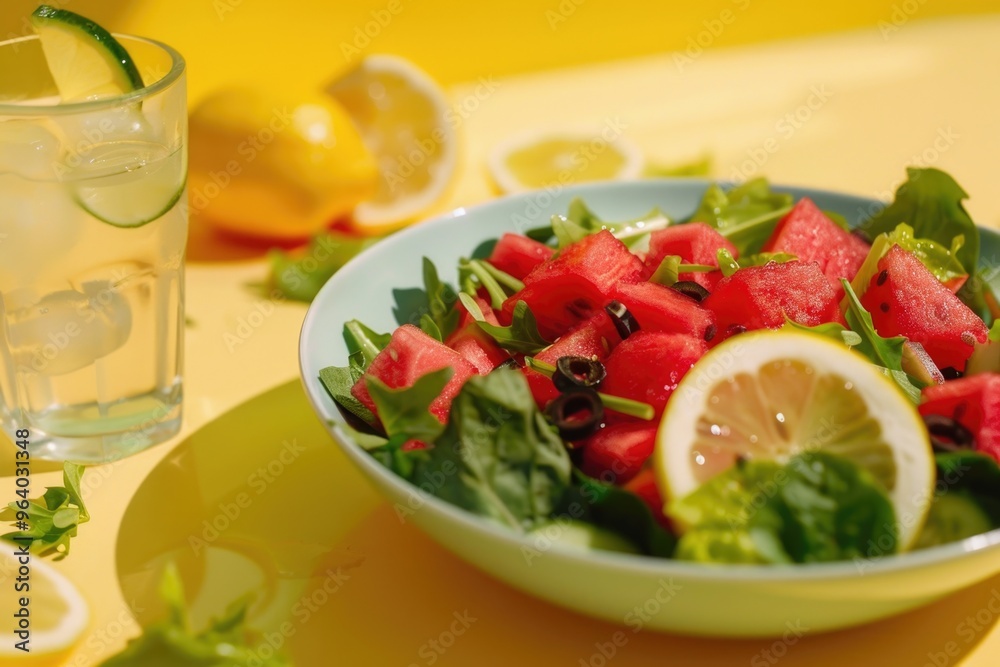 A bowl of watermelon salad with a glass of water on the table. The bowl is filled with watermelon, spinach, and other vegetables A bowl of watermelon salad with a glass of water on the table. The bowl is filled with watermelon, spinach, and other vegetables