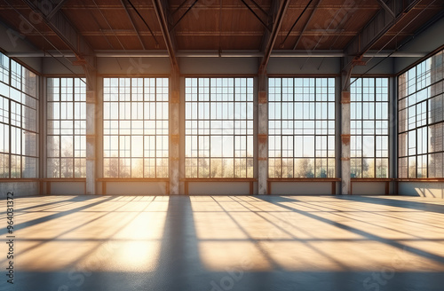 Sunlit Industrial Warehouse Interior with Large Windows