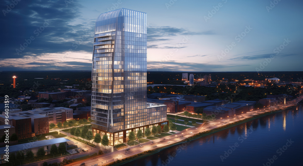 Obraz premium Majestic Skyscraper Along Riverside at Dusk