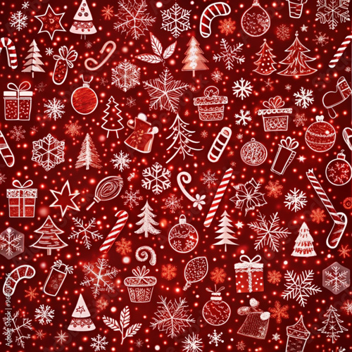 Festive Christmas pattern with gifts, snowflakes, and decorations on red background