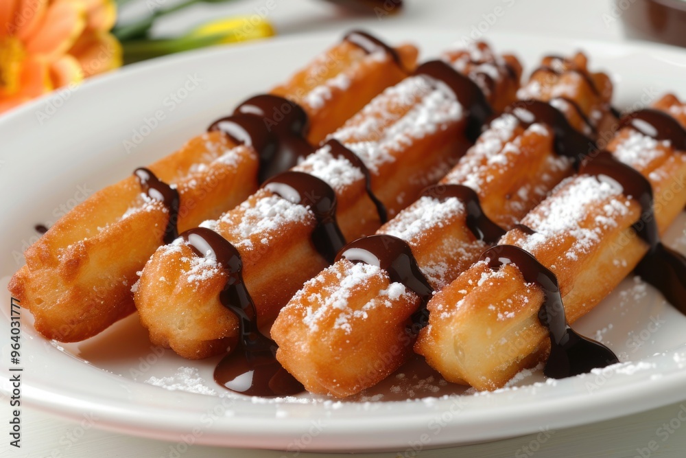 A plate of churros with chocolate sauce and powdered sugar. The churros are covered in chocolate and powdered sugar, making them look delicious and tempting A plate of churros with chocolate sauce and powdered sugar. The churros are covered in chocolate and powdered sugar, making them look delicious and tempting
