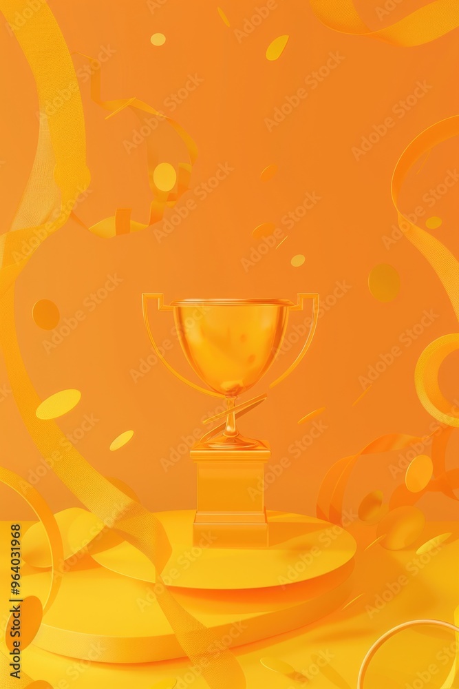 A golden cup is on a yellow pedestal with a stream of confetti falling around it. Concept of celebration and achievement A golden cup is on a yellow pedestal with a stream of confetti falling around it. Concept of celebration and achievement