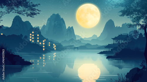 A beautiful, traditional Chinese painting style scene of a full moon reflecting on a calm river, with mountains and lanterns in the background, symbolizing the Mid-Autumn Festival.