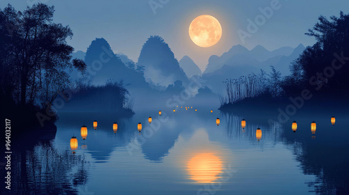 A beautiful, traditional Chinese painting style scene of a full moon reflecting on a calm river, with mountains and lanterns in the background, symbolizing the Mid-Autumn Festival. photo