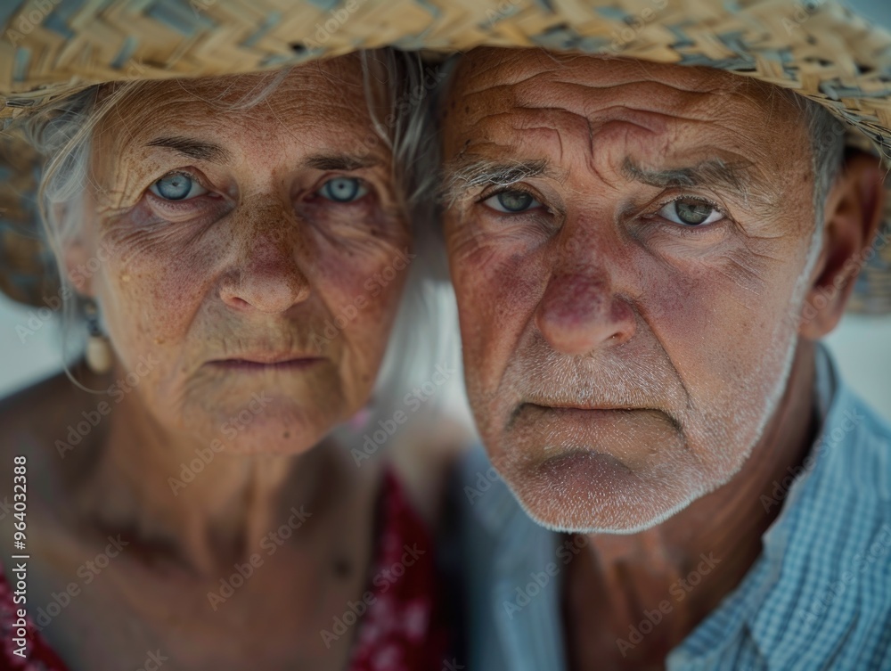 A man and woman are standing next to each other, both wearing straw hats. The woman has blue eyes and the man has a beard. Scene is lighthearted and playful