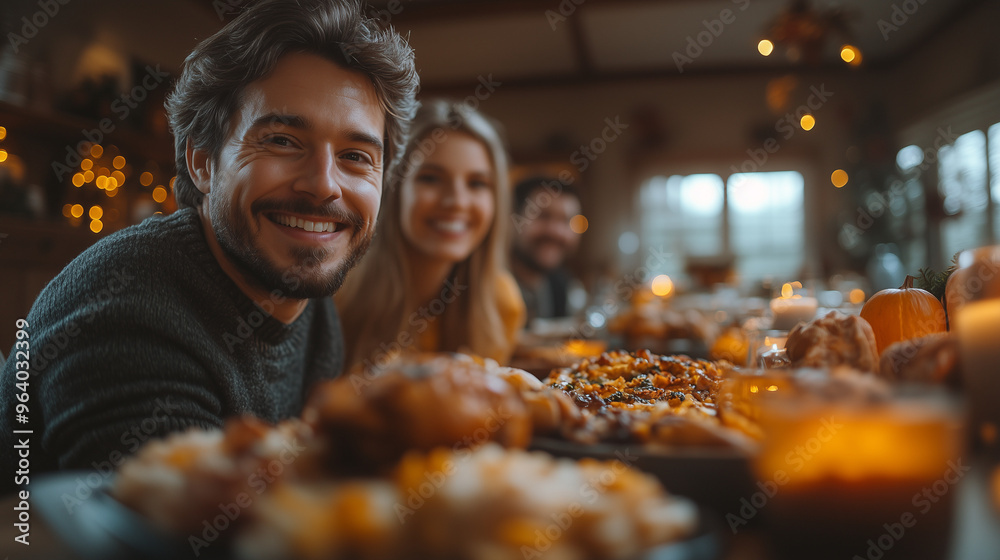 Happy Thanksgiving Celebration with Smiling Family Members, Warm Lighting, and a Festive Autumn-Themed Table Setting