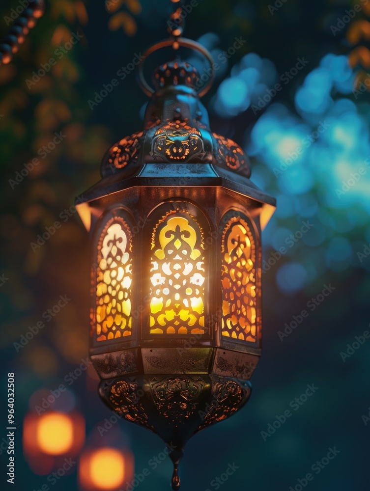 A lantern with a yellow light shining through it. The lantern is hanging from a tree branch. The light from the lantern creates a warm and inviting atmosphere A lantern with a yellow light shining through it. The lantern is hanging from a tree branch. The light from the lantern creates a warm and inviting atmosphere