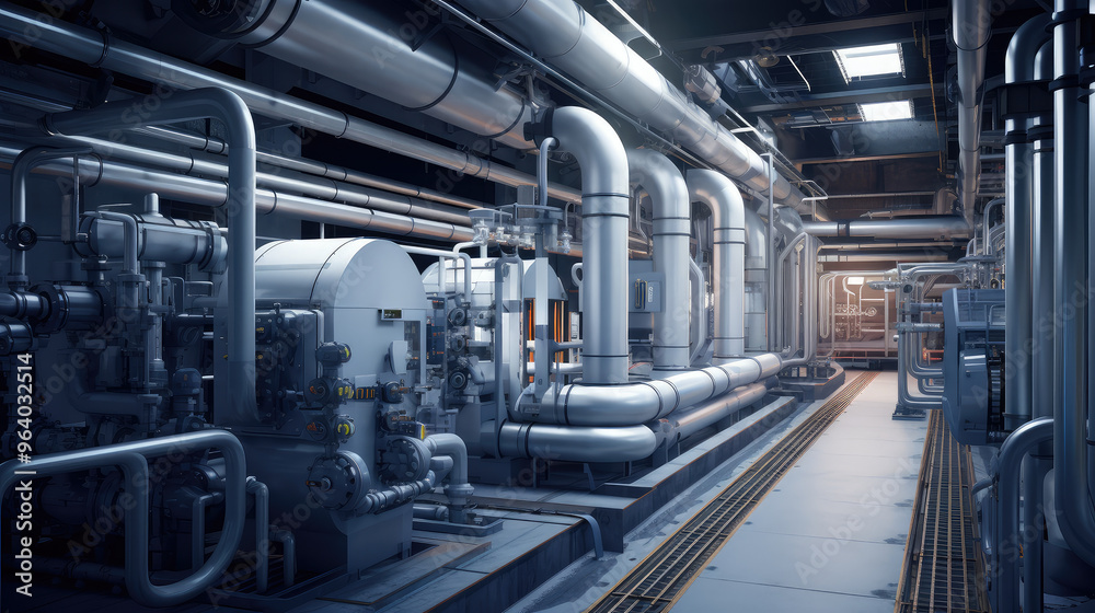 Modern Industrial Machinery Room with Piping System Modern Industrial Machinery Room with Piping System