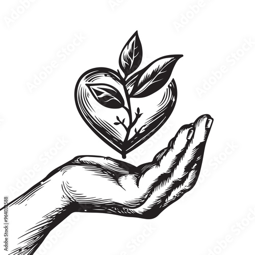 Hand Holding Heart and Leaf Symbolizing Love and Care for Environment