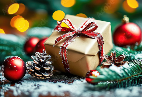 Christmas composition, gift box tied with red ribbon on wooden surface surrounded by spruce branch, cones and red Christmas balls. AI, Generation, Illustration.