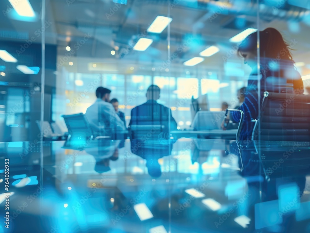A group of people are sitting around a table in a conference room. The room is filled with blue lights and the table is surrounded by chairs A group of people are sitting around a table in a conference room. The room is filled with blue lights and the table is surrounded by chairs