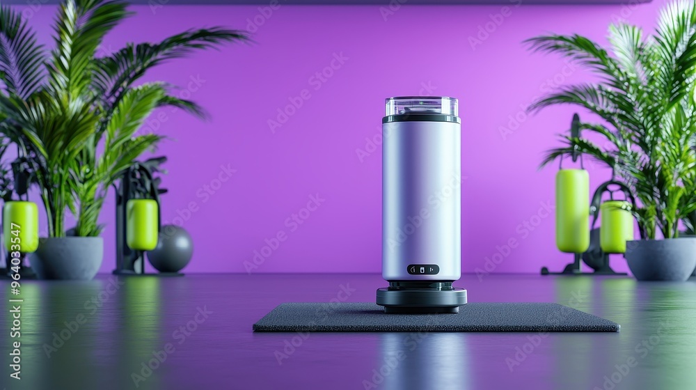 Futuristic Portable Blender in Augmented Reality Displaying Blending Power, Battery Life, and Size Options in Fitness Studio Setting