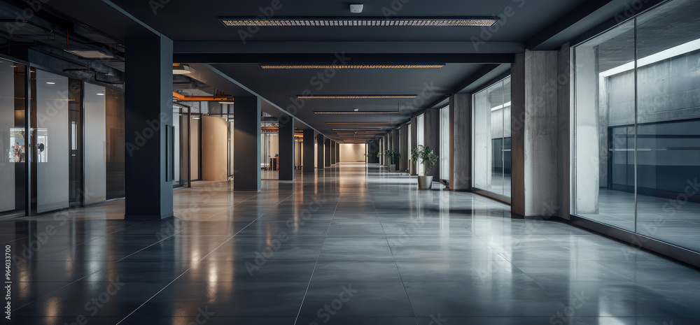 Sleek Modern Office Hallway with Glass Walls Sleek Modern Office Hallway with Glass Walls