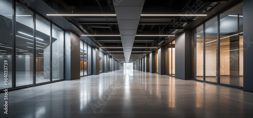 Modern Office Hallway with Glass Walls