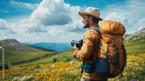 Capturing Outdoor Adventures: Lifestyle of a 50s Man Influencer with Camera Showcasing Nature