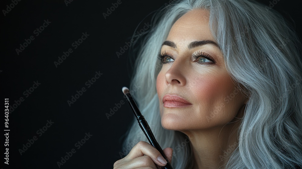 Obraz premium Embracing Age Positivity: Silver-Haired Beauty Influencer Applying Makeup Live Tutorial