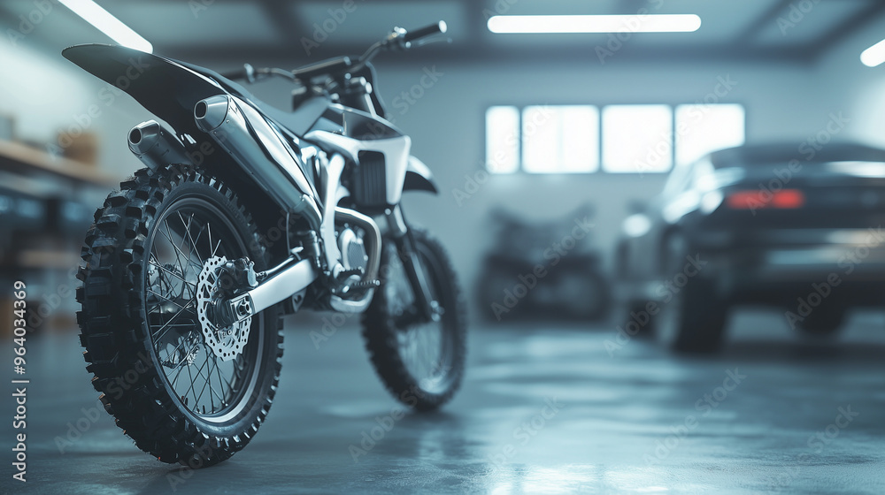 Garage with Character: Modern Motocross Bike in a Stylish, Atmospheric Garage, Emphasizing the Power and Retro Appeal of Extreme Sport Vehicles. photo Garage with Character: Modern Motocross Bike in a Stylish, Atmospheric Garage, Emphasizing the Power and Retro Appeal of Extreme Sport Vehicles. photo