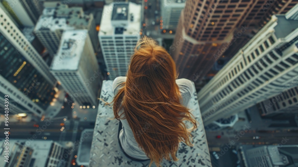 A woman with long red hair is sitting on a ledge in a city. The cityscape is illuminated by the lights of the buildings, creating a moody atmosphere A woman with long red hair is sitting on a ledge in a city. The cityscape is illuminated by the lights of the buildings, creating a moody atmosphere