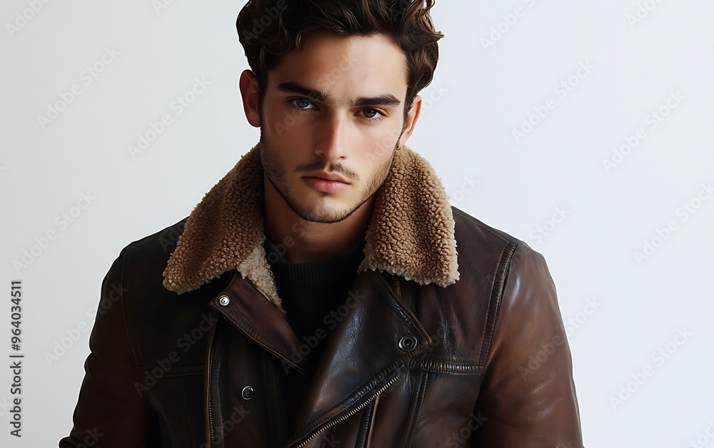 Fototapeta premium Urban Style: Fashionable Male Model in Belstaff-Inspired Leather Jacket - Editorial Photoshoot with Cinematic Lighting on White Background