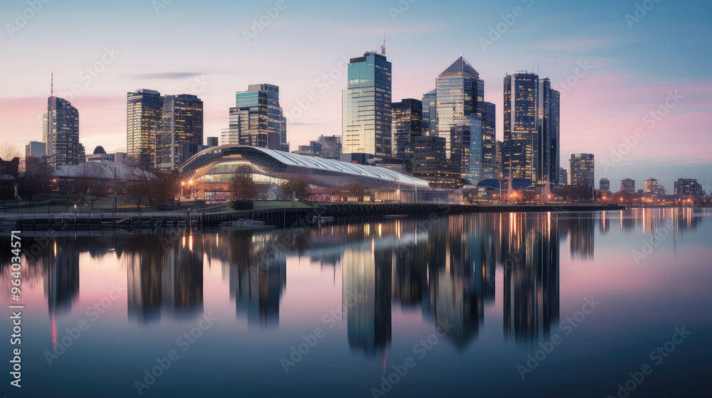 Serene City Skyline at Sunset Reflection Serene City Skyline at Sunset Reflection