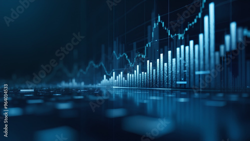 Perspective view of stock market growth business investing and data concept with digital financial chart graphs diagrams and indicators on dark blue blurry background
