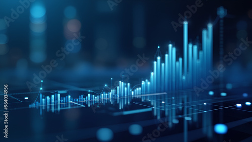 Perspective view of stock market growth business investing and data concept with digital financial chart graphs diagrams and indicators on dark blue blurry background