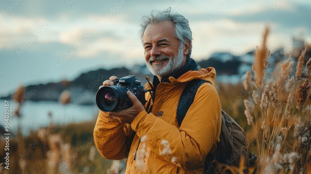 Obraz premium Experienced Photography Mentor Sharing Tips in Picturesque Outdoor Setting - Concept of Art and Photography Influencers over 50