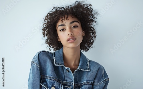 Fashionable Female Model in Levi's Style Denim Jacket Poses with Cinematic Lighting for Editorial Photoshoot on White Background