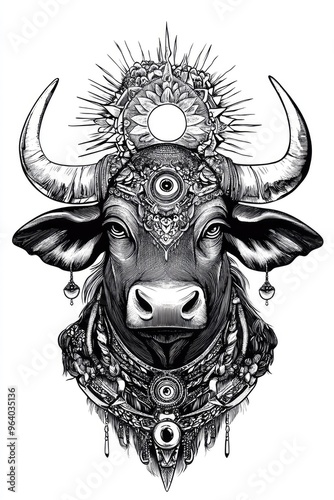 Line art illustration depicting a revered bull deity showcasing a vintage drawing or engraving style