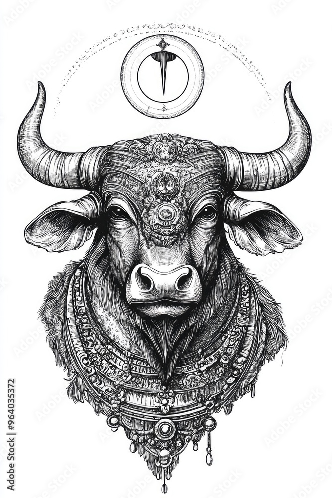 Line art illustration depicting a revered bull deity showcasing a vintage drawing or engraving style