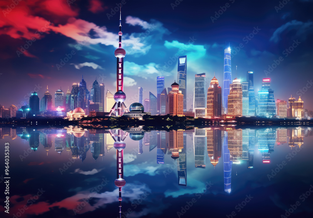 Obraz premium Vibrant Nighttime Cityscape Reflection