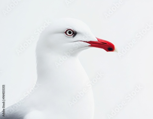 head and neck profile of an elegant white seagull with a red beak photo