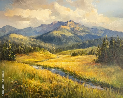 Oil painting depicting a mountainous landscape and nature showcasing scenic beauty and natural features