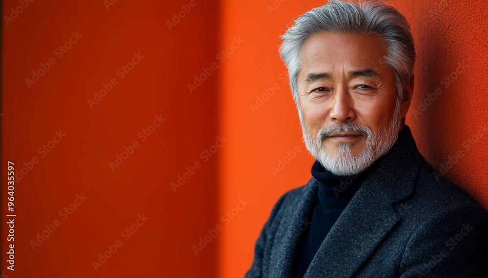 beautiful asian senior man wearing in dark blue sweater and coat on red background with copy space