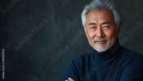 beautiful asian senior man wearing sweater on black background with copy space