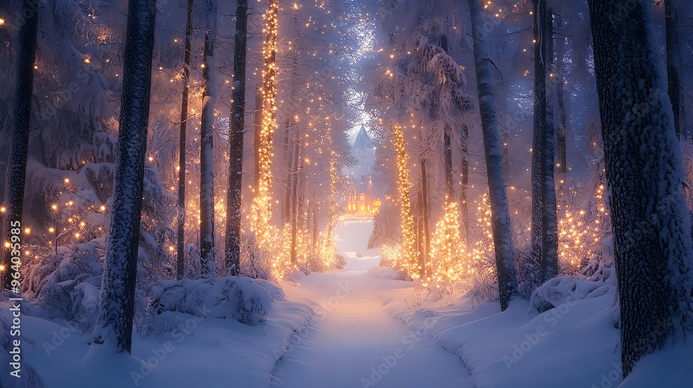 A magical winter forest with snow covered trees, shimmering fairy lights, and a hidden enchanted castle in the distance, during twilight