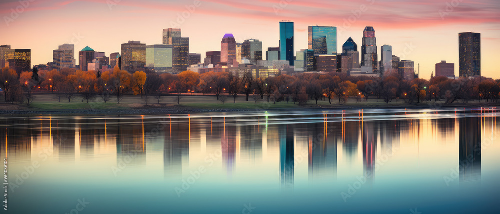 Fototapeta premium Tranquil City Skyline Reflected in Water at Sunset