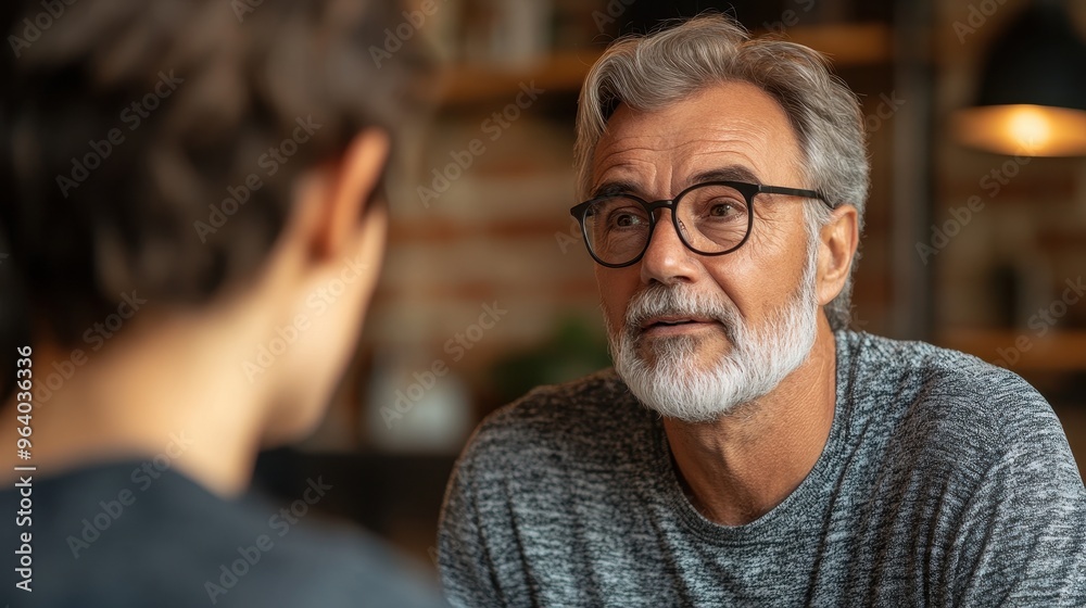 Mentorship and Personal Growth: Senior Man Providing Constructive Feedback to Young Colleague in Performance Review Mentorship and Personal Growth: Senior Man Providing Constructive Feedback to Young Colleague in Performance Review