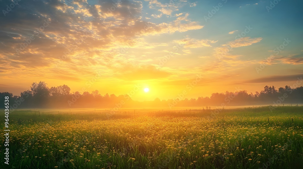 Sunrise over a peaceful meadow, symbolizing the tranquility of new beginnings