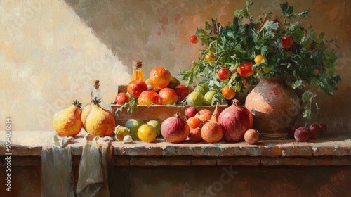 Oil painting depicting a serene still life featuring an arrangement of fruits and vegetables in a rustic setting photo