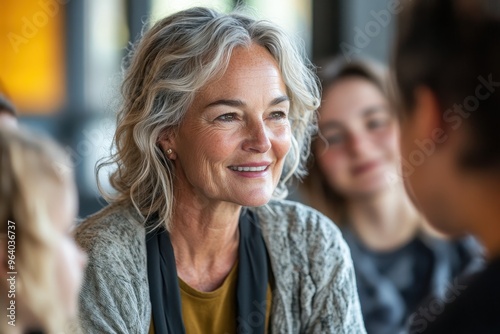 Leading by Example: Senior Woman Inspiring Teamwork with Younger Employees in a Team-Building Exercise