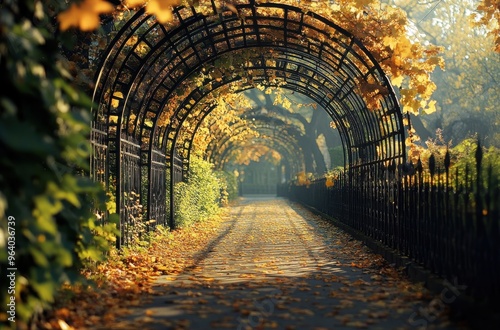 iron trellis in the shape of arches, overhanging a path through a park with green plants and trees photo