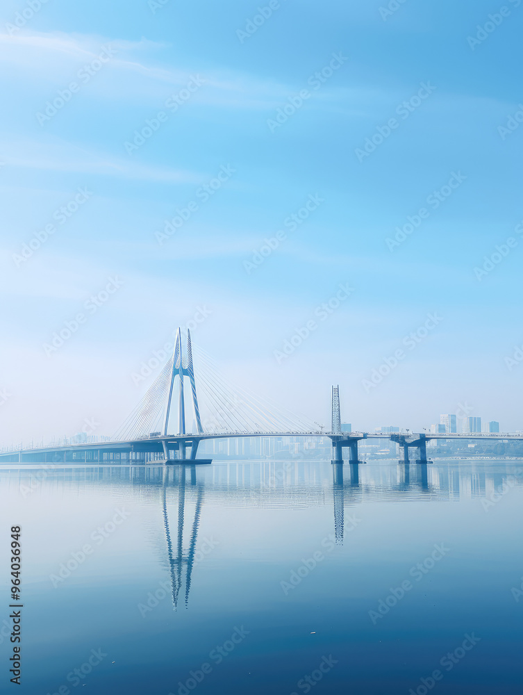 Fototapeta premium Modern Bridge Over Serene Waters Under Blue Sky