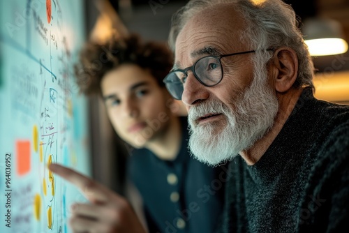 Leading by Example: Elderly Man Mentoring Young Colleague on Presentation Skills in Modern Office Setting