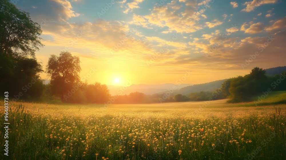 Obraz premium Sunrise over a peaceful meadow, symbolizing the tranquility of new beginnings