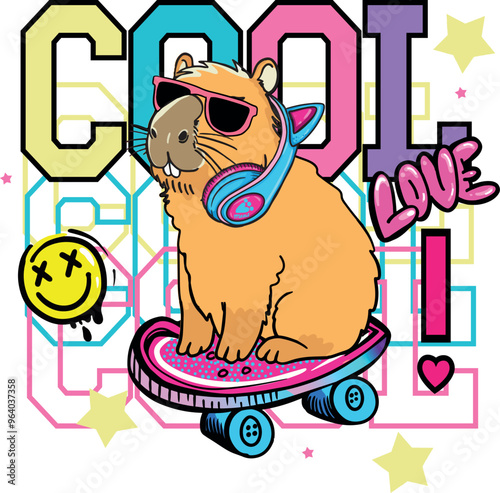 Girlish print with capybara on skate. Typography slogan  for t-shirts.  for greeting card, t shirt printing and embroidery, Graphic tee and printed tee. Girlish print